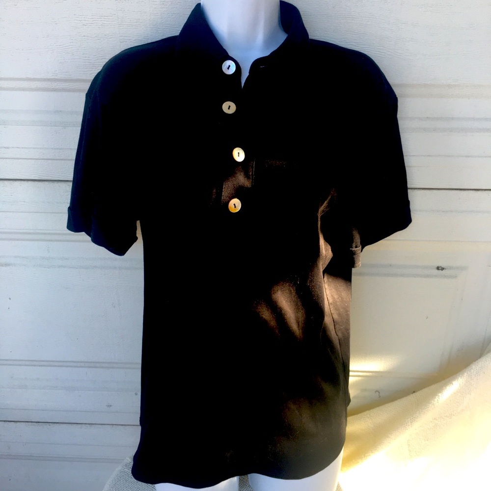 Trina Turk black polo with shell buttons